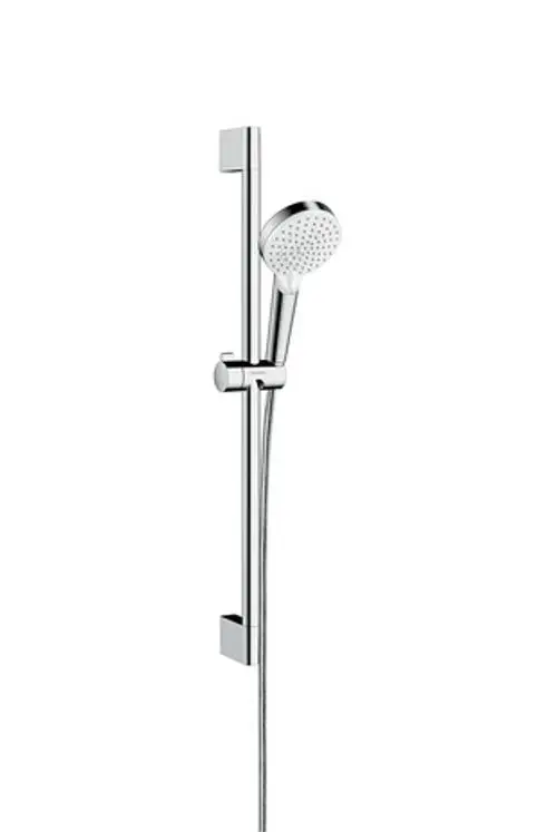 Hansgrohe Brauseset mit Handbrause und verstellbarer Brausestange in schlichtem Design. Die Anschlüsse und der Schlauch sind in einem modernen Chrom-Finish gehalten.